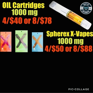 8/$78 Oil Carts or 8/$88 Shperex X Carts 1000mg (1 Gram) High THC
